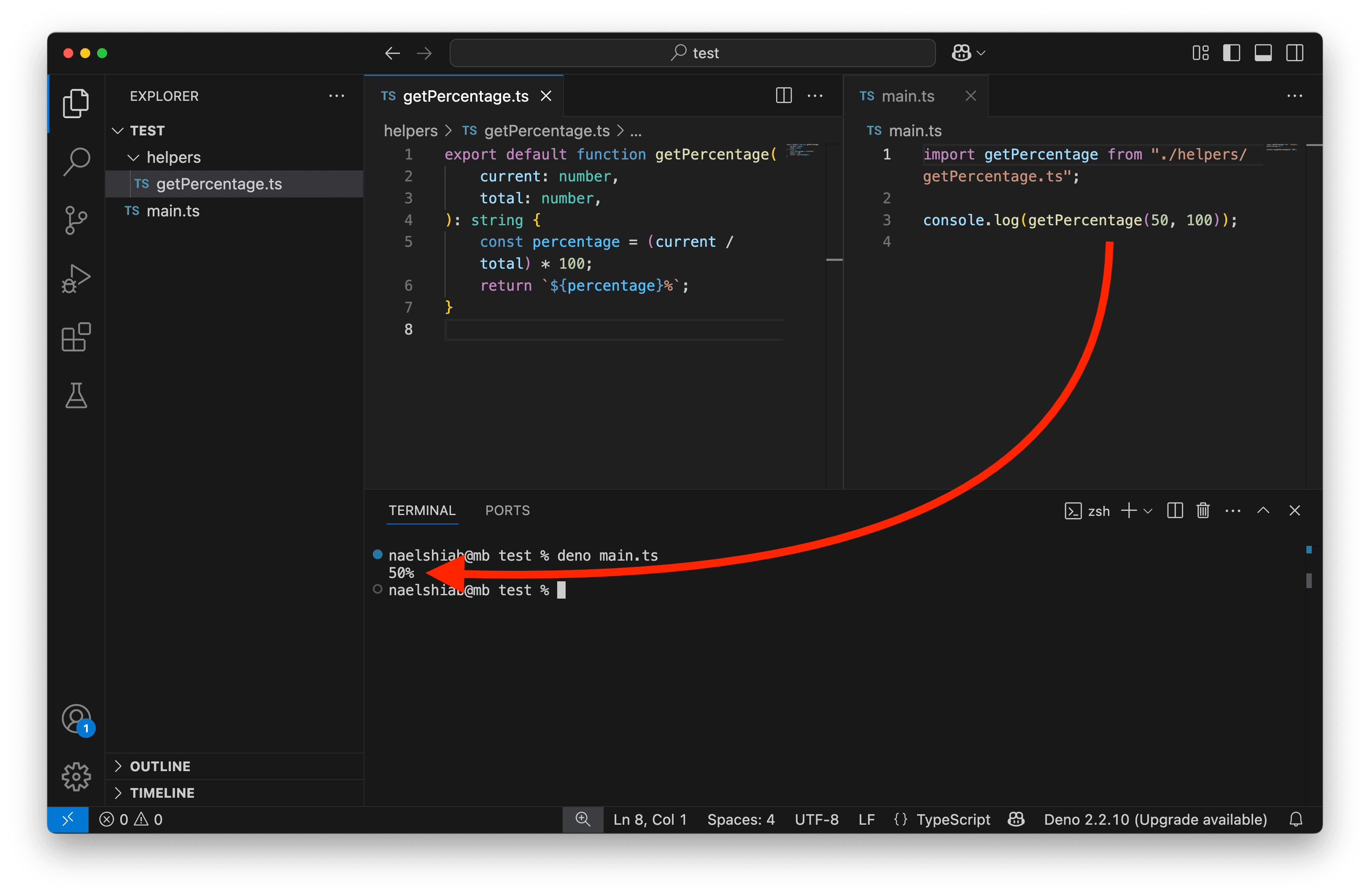 A main script logging a value in the terminal.