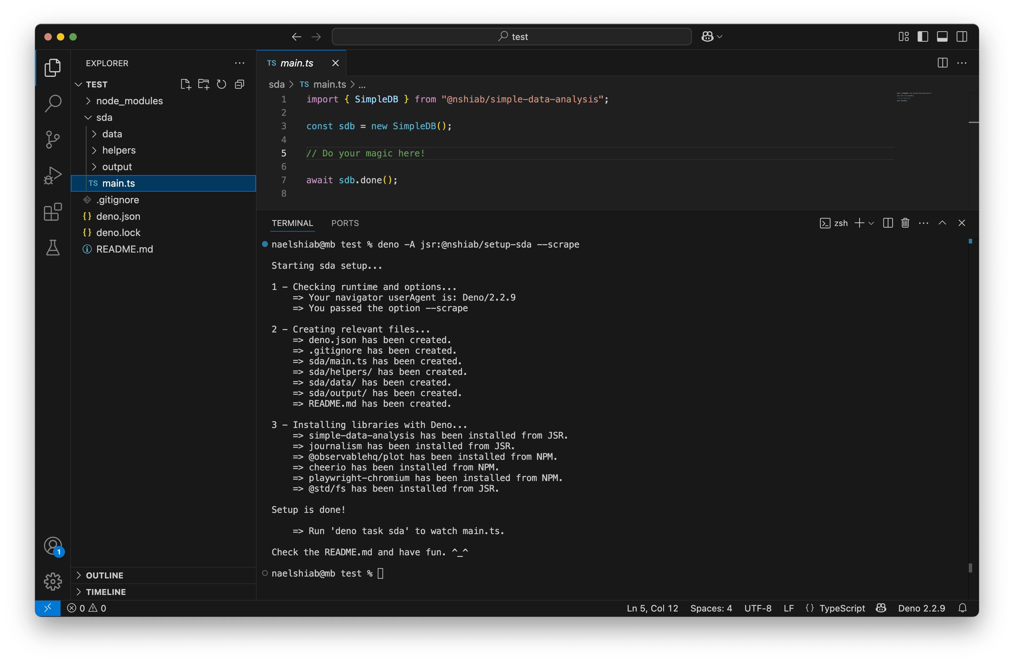 A VS Code screenshot showing a script simulating the stock market