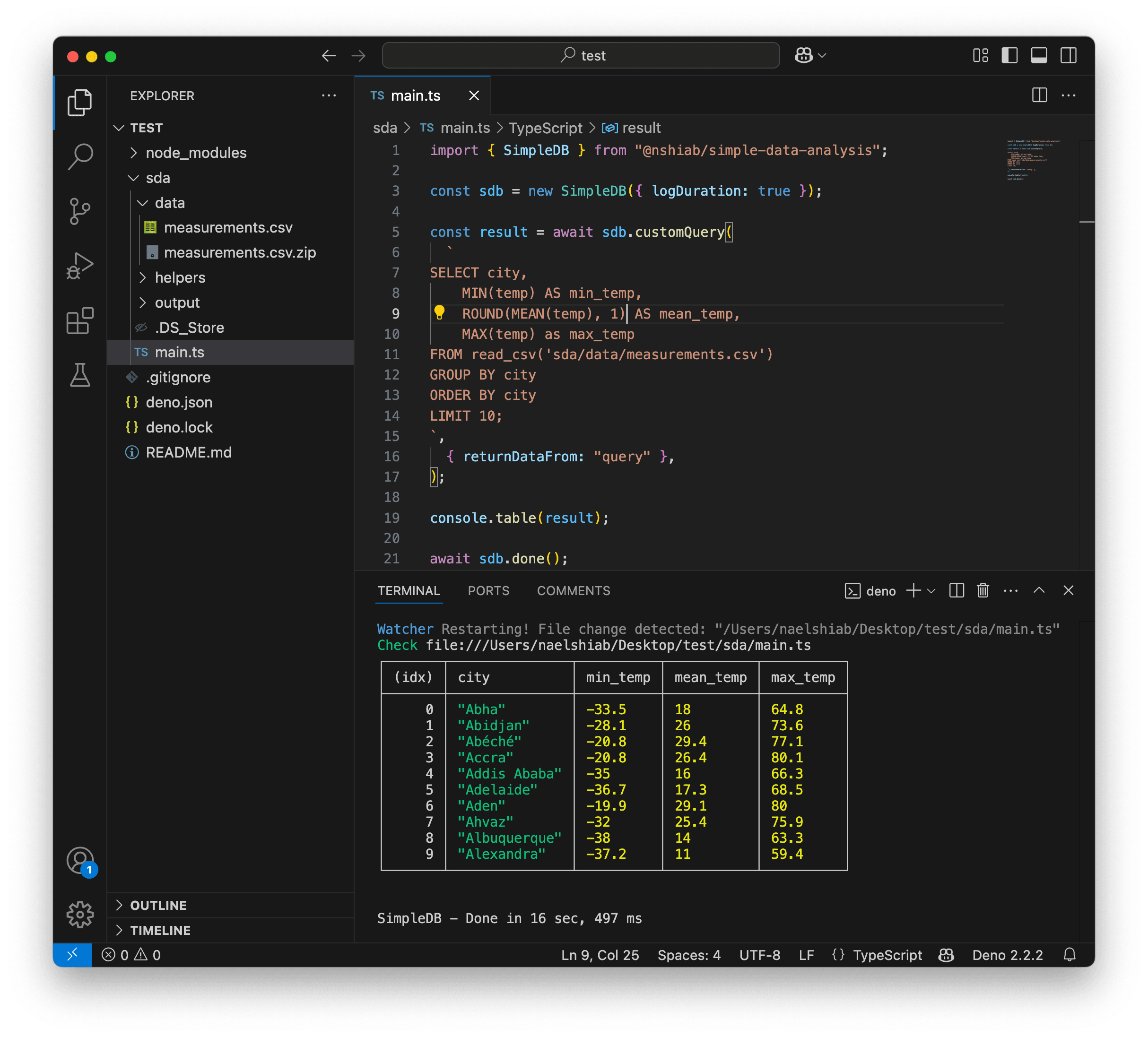 A screenshot of VS Code after aggregating one billion rows of data.