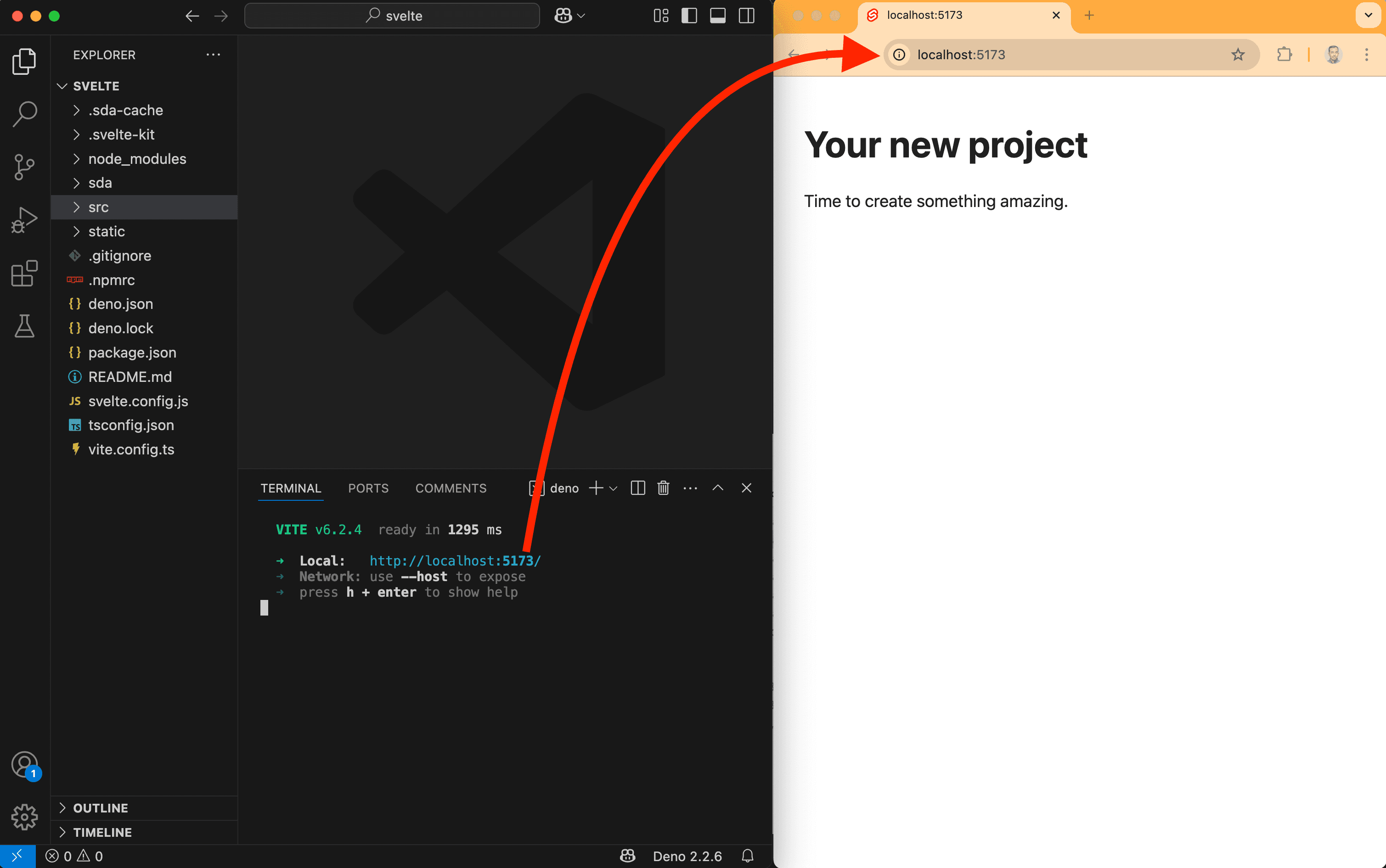 A screenshot showing VS Code running a Svelte project and Chrome displaying it.