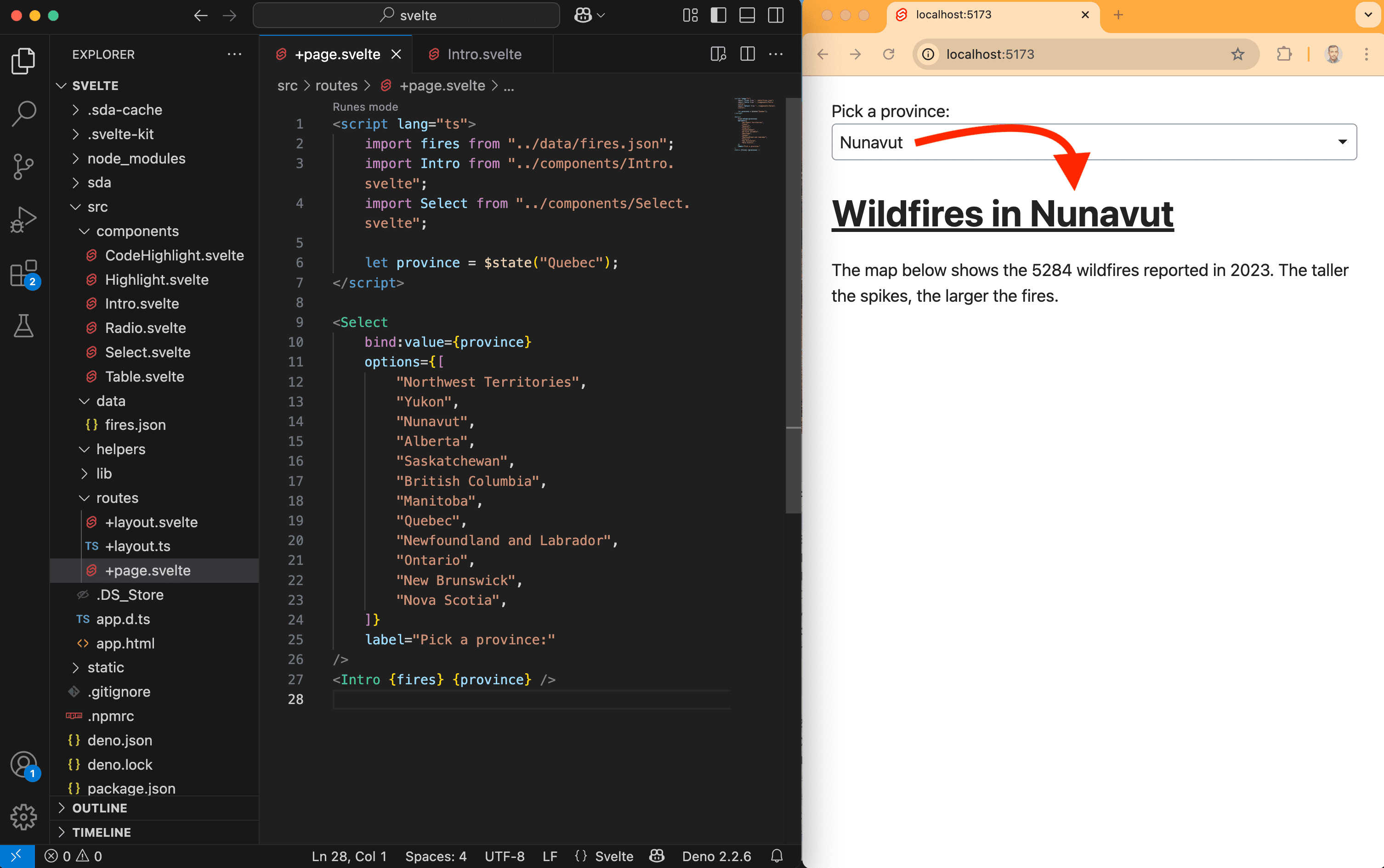 A screenshot showing a Svelte state being updated.