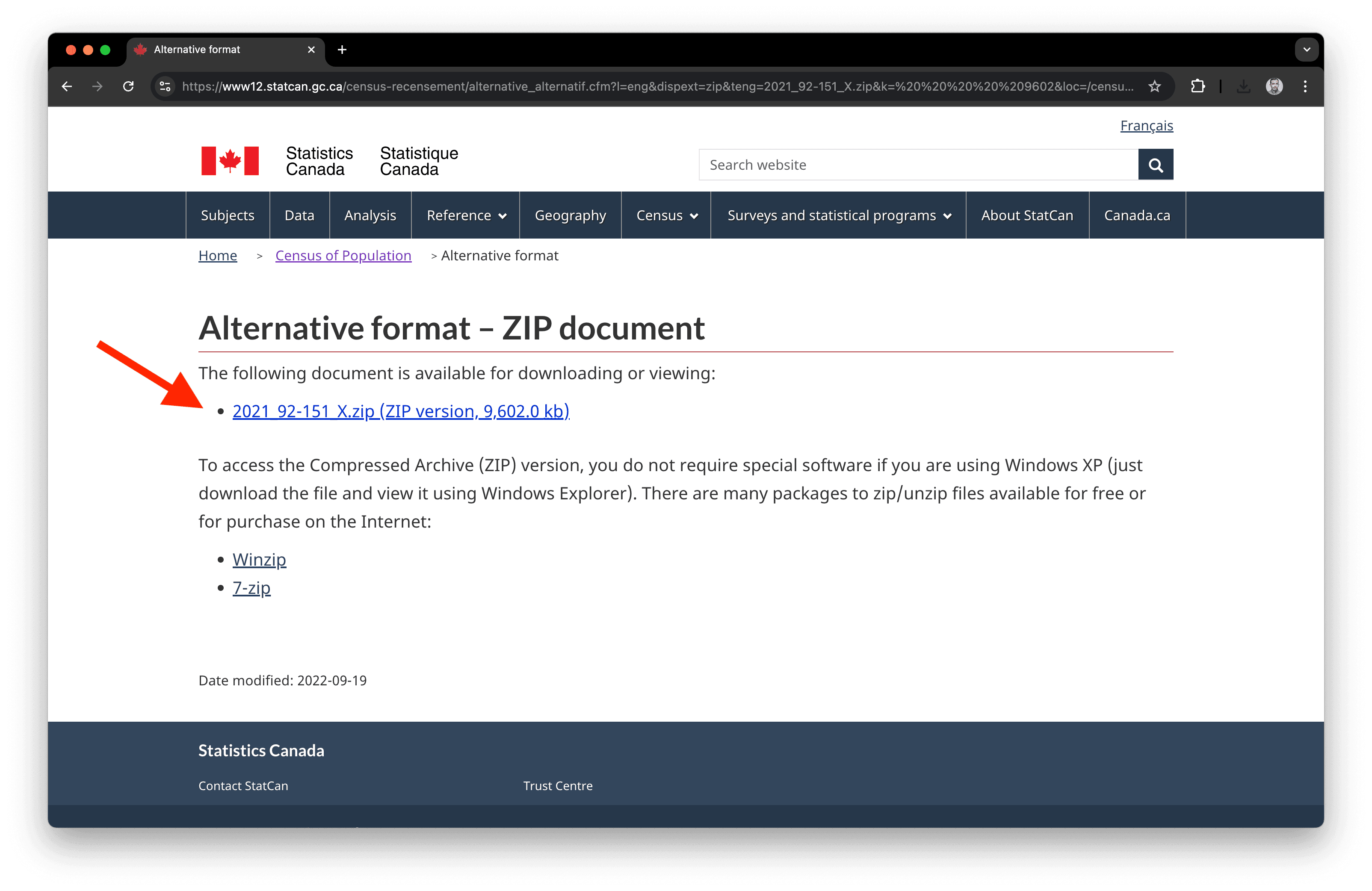 A screenshot of Statistics Canada webpage to download Census data names.