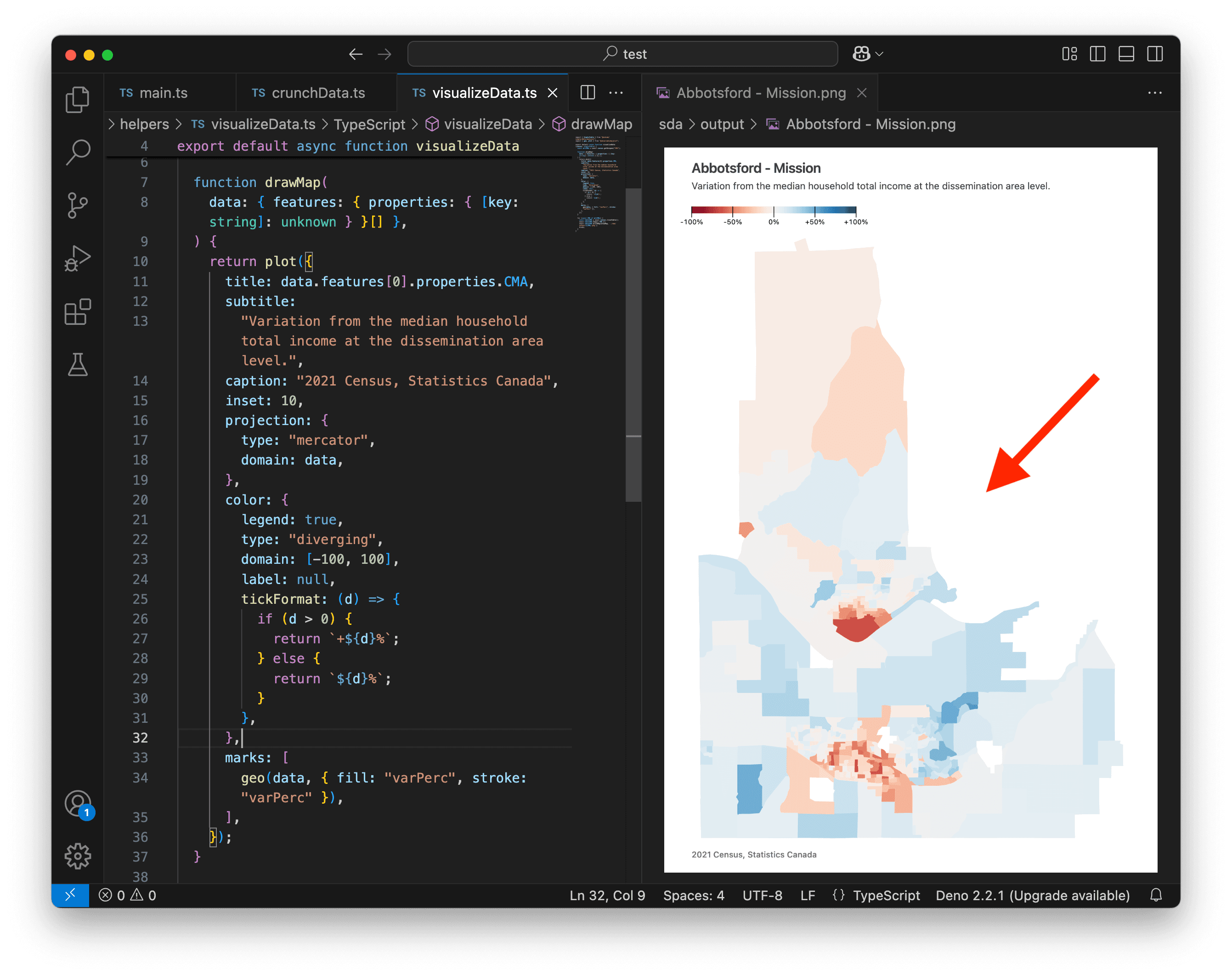 A screenshot of VS Code showing a styled map.