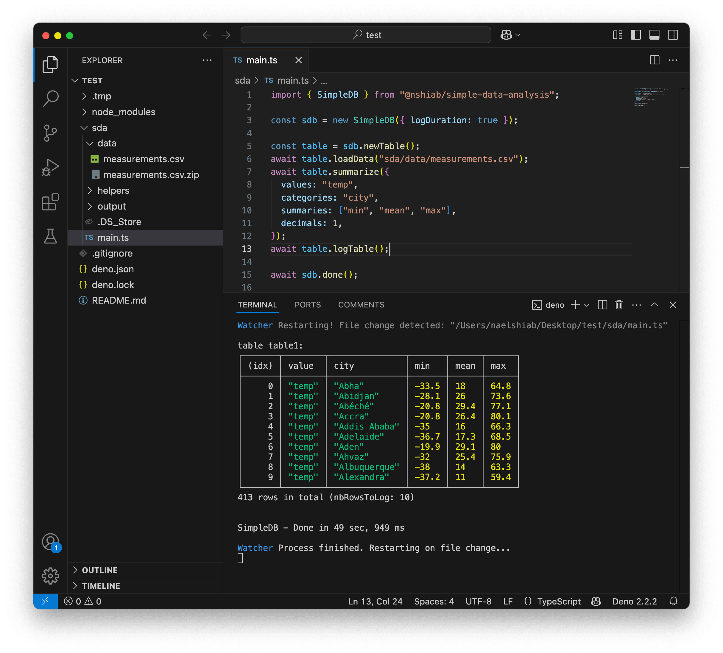 A screenshot of VS Code after aggregating one billion rows of data.