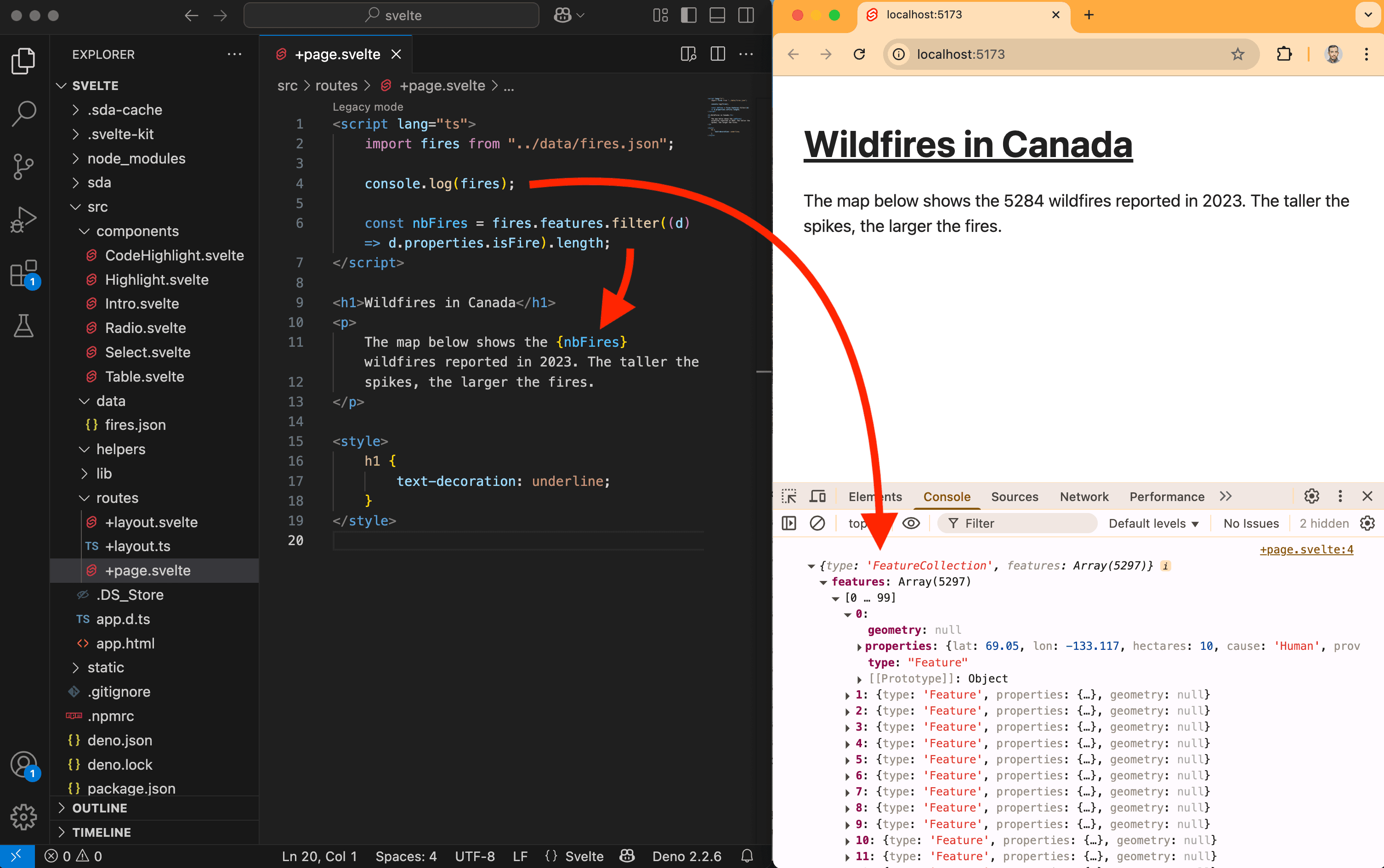 A screenshot showing updated TS code in the Svelte project and in Chrome.
