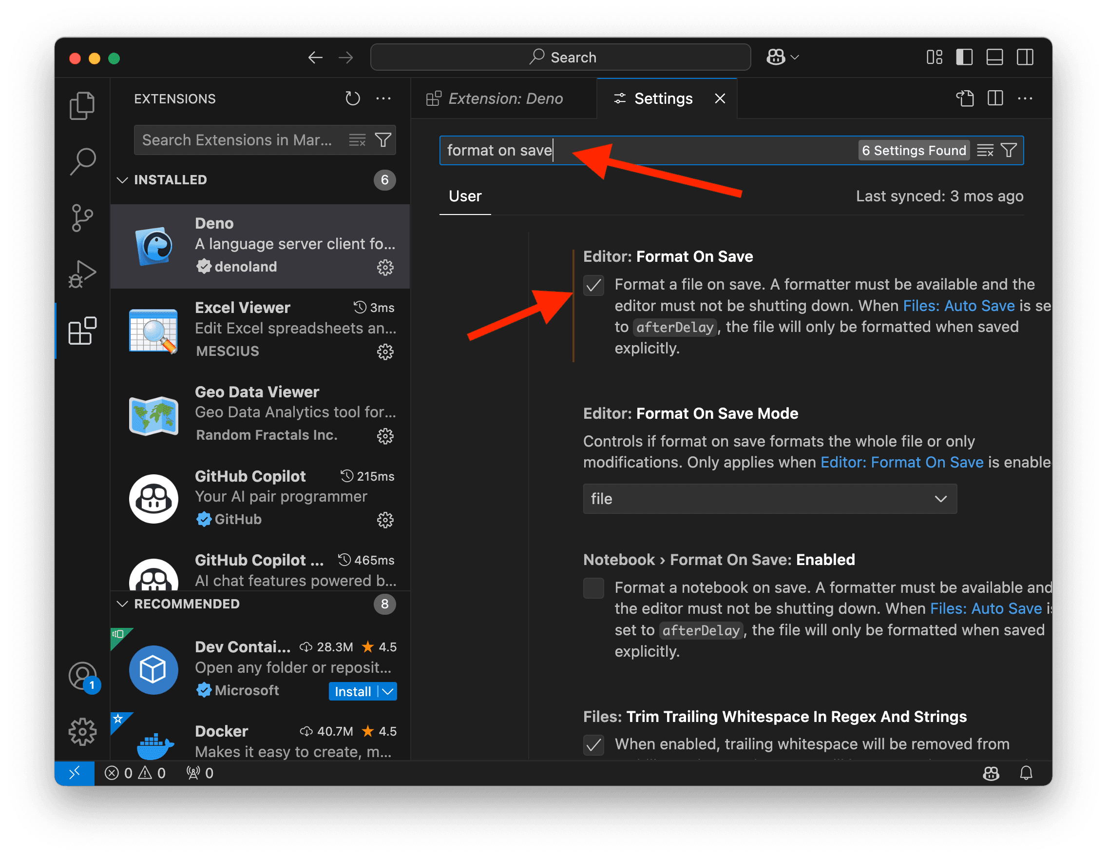 A screenshot showing VS Code format on save settings.