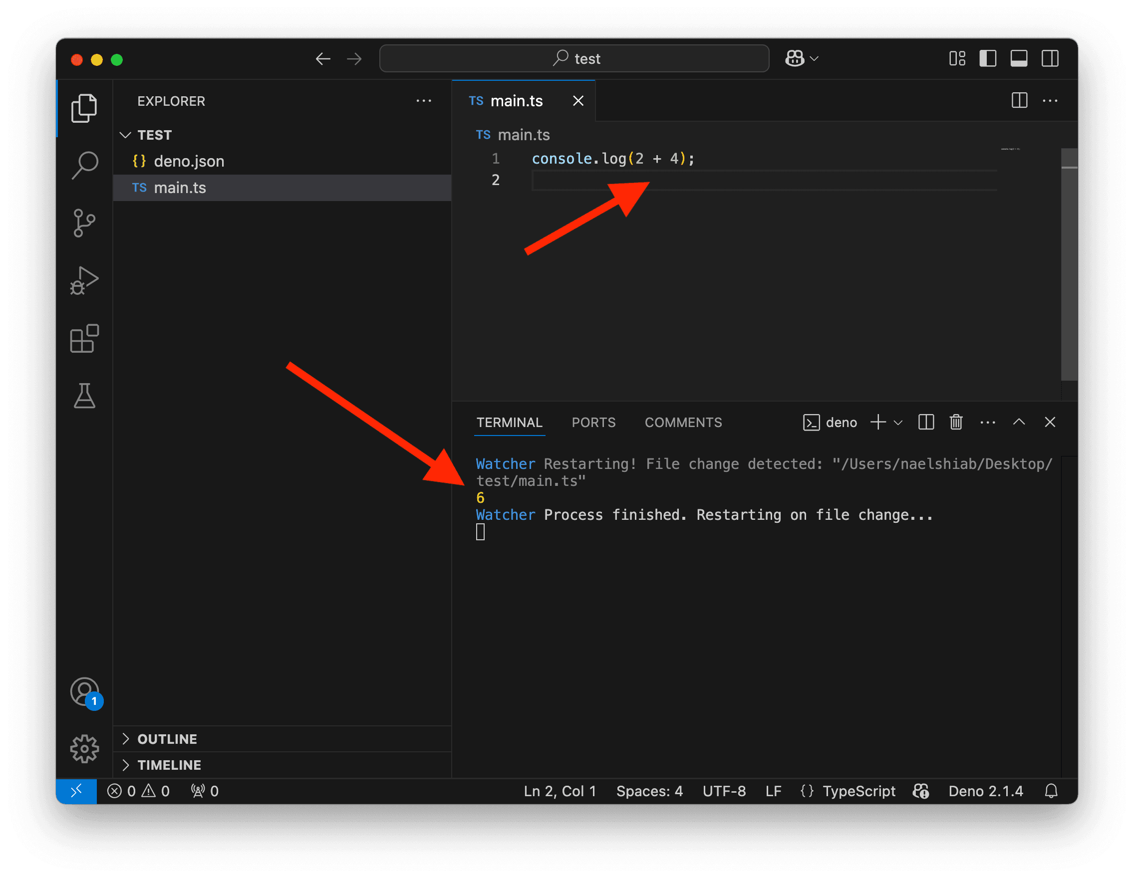 A screenshot showing VS Code watching main.ts.