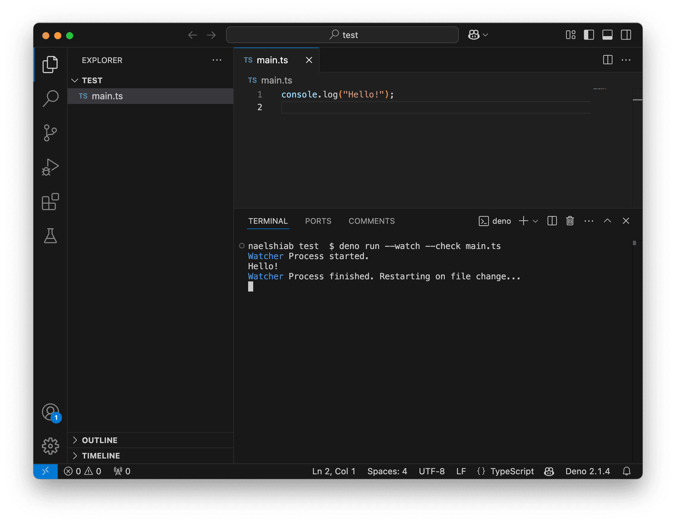 A screenshot showing VS Code running and watching a TypeScript file.
