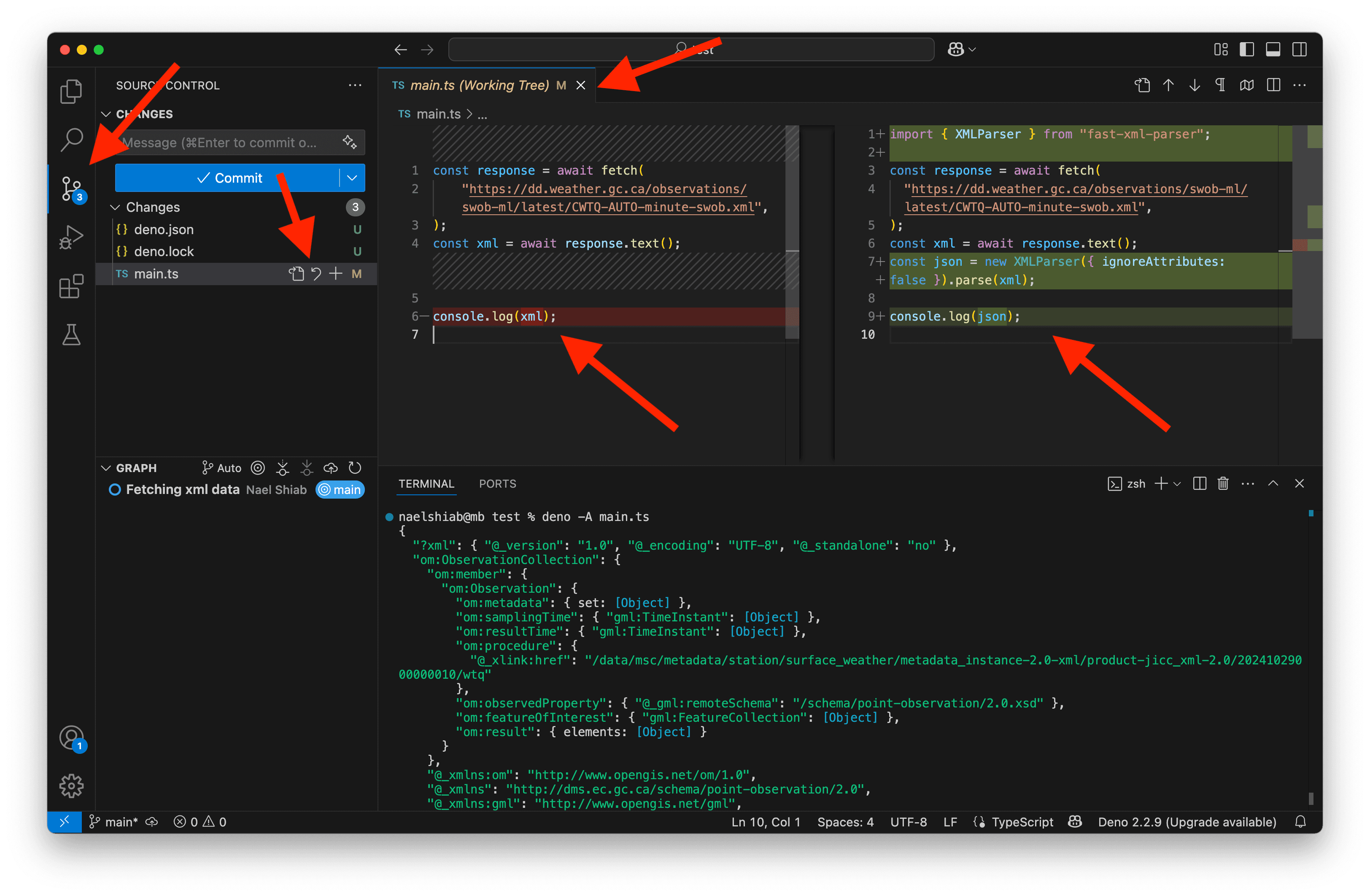 Inspecting the changes in the file with the working tree.